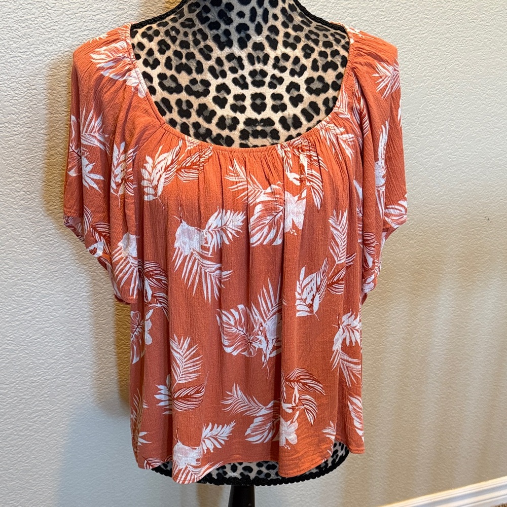 Tropical Rust Leaf Print Blouse - image 1